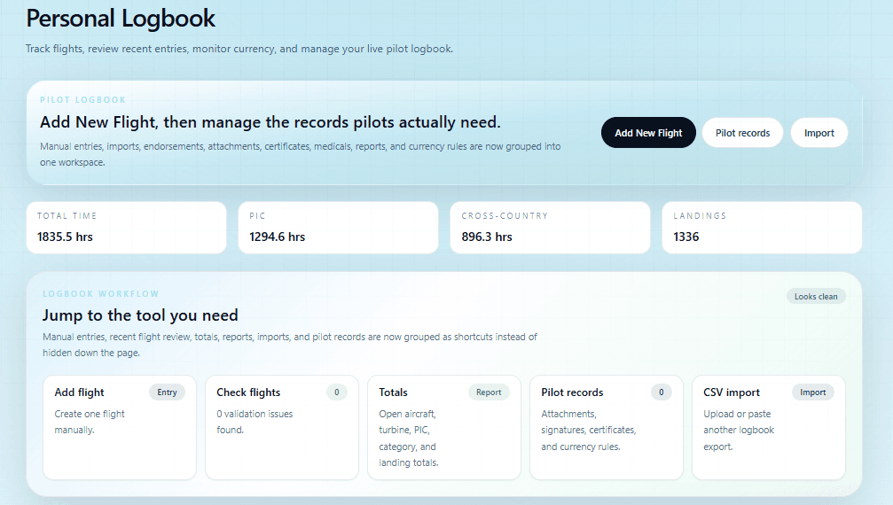 Pilot Training Tracker digital pilot logbook with totals and flight actions