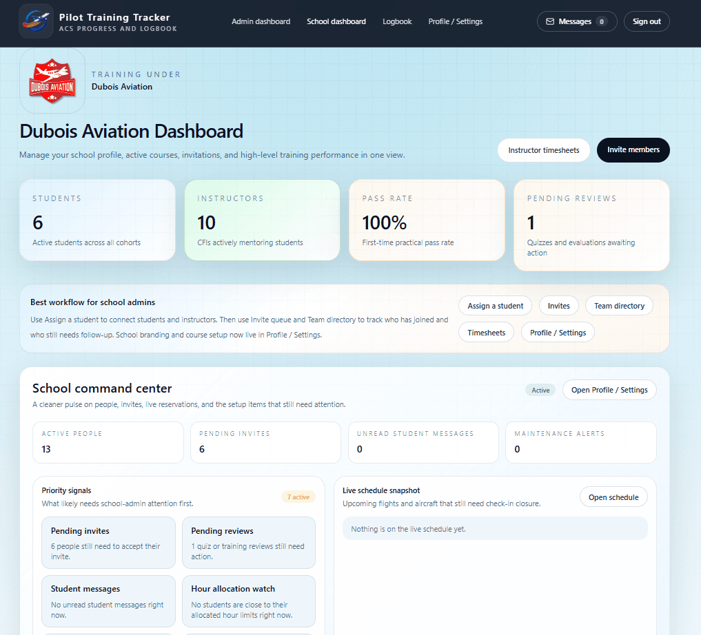 School operations dashboard with aircraft and maintenance alerts