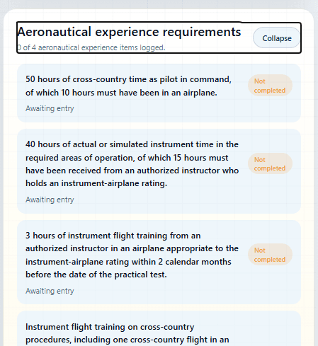 Compact aeronautical experience requirements panel with incomplete instrument requirements.