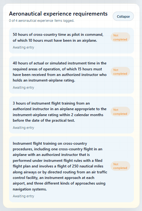Expanded aeronautical experience requirements panel listing instrument rating requirements in detail.
