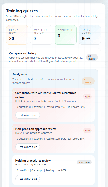 Student study and quiz workspace in Pilot Training Tracker